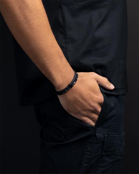 Doppelarmband mit italienischem Leder und 4 mm schwarzem Achatstein - Double Black